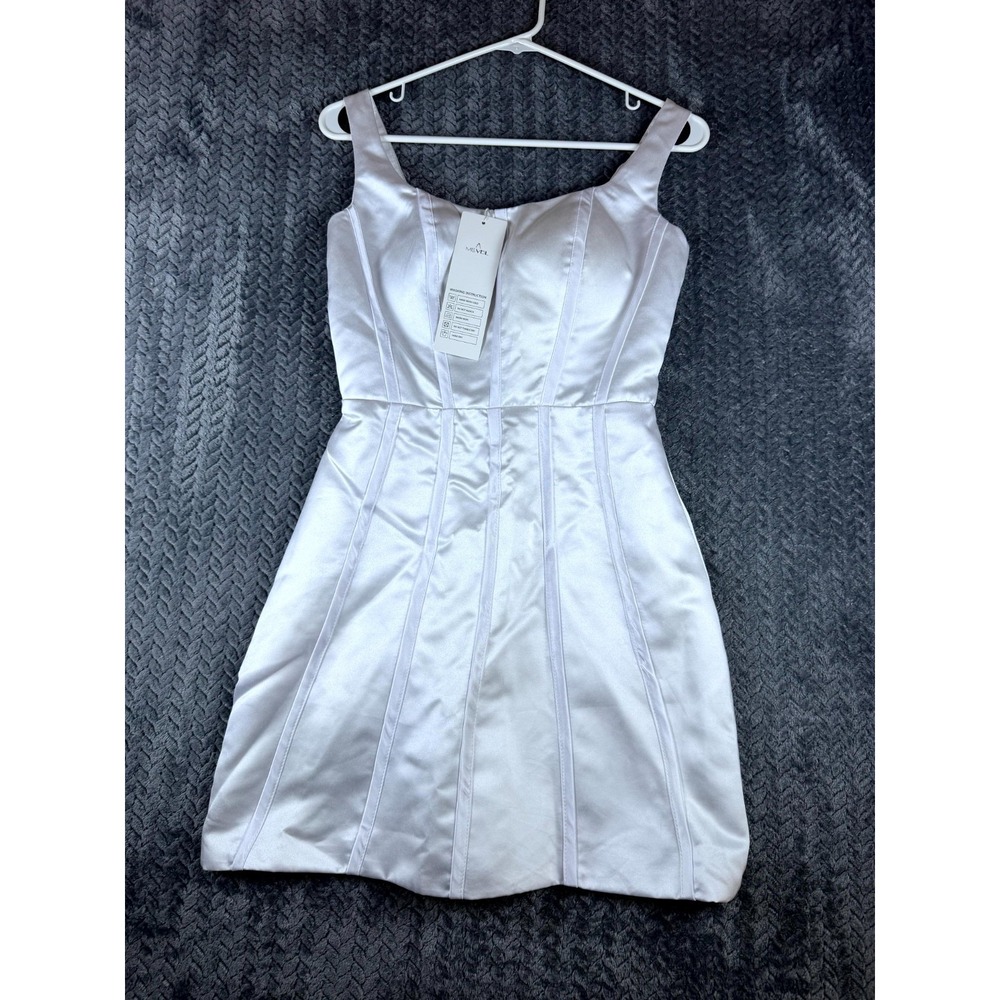 Miss Veil Corset Mini Dress Womens XS White Satin Sleeveless Back Zip